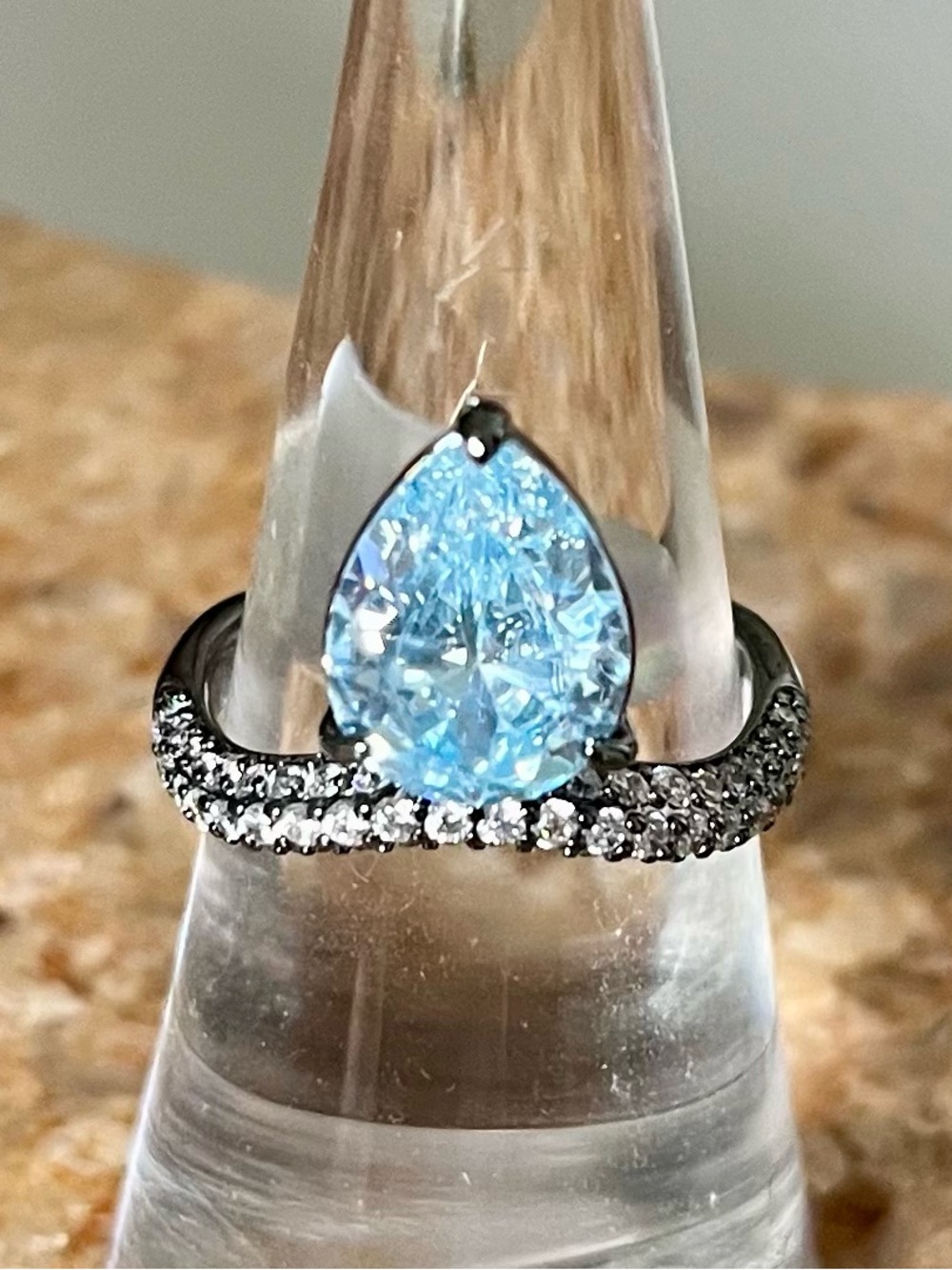 BP RG14178 The Marina Ring Pear-Shaped Aqua CZ on Hematite Ring with Pavé Band